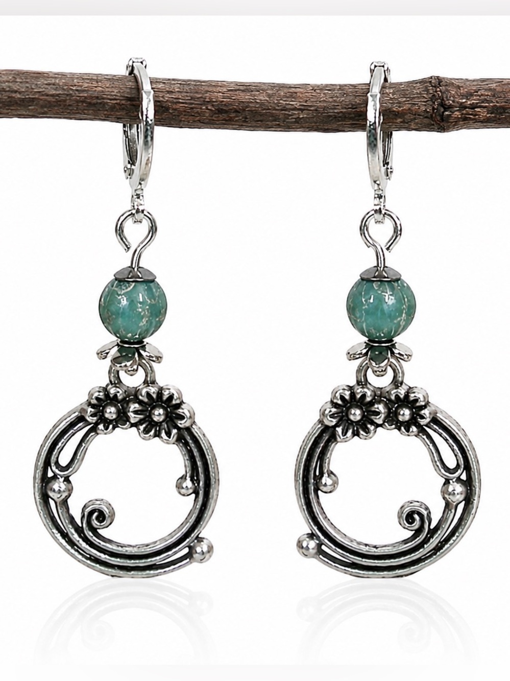 Turquoise Aqua Silver Scroll Earrings • Boho Floral Dangles